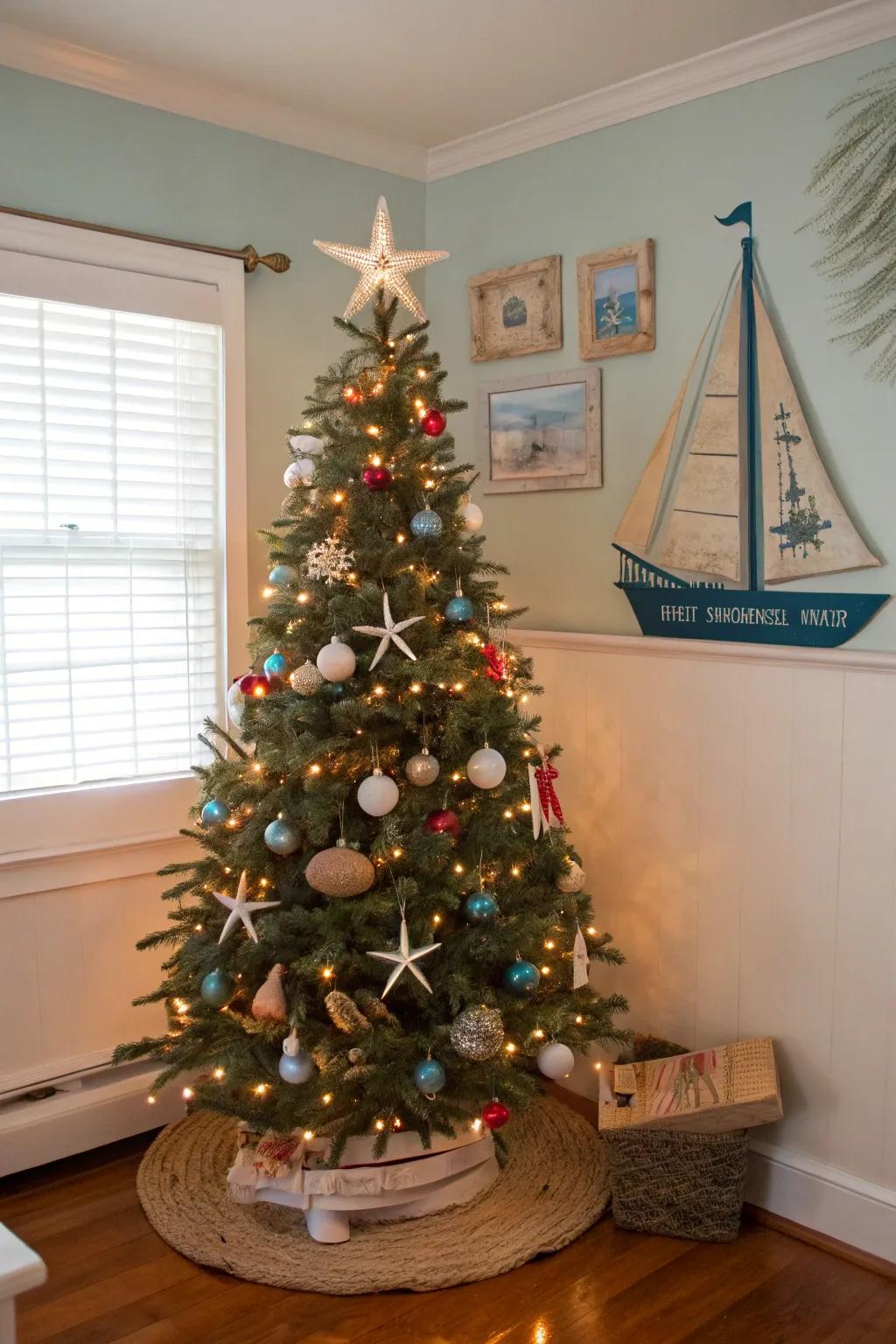 A seaside-themed Christmas tree embellished with sea-inspired ornaments.