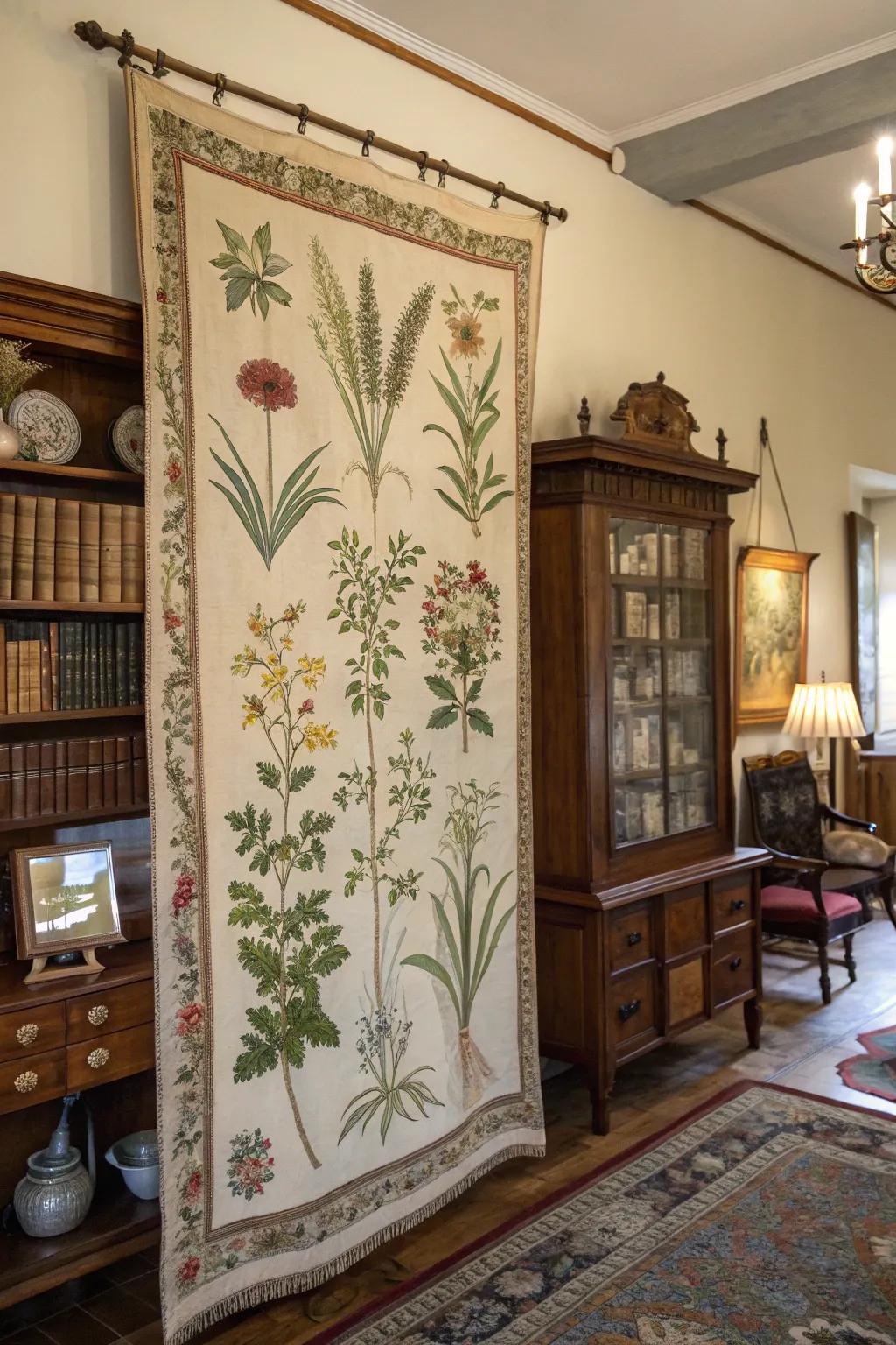 Botanical wall hangings offer a classic touch.