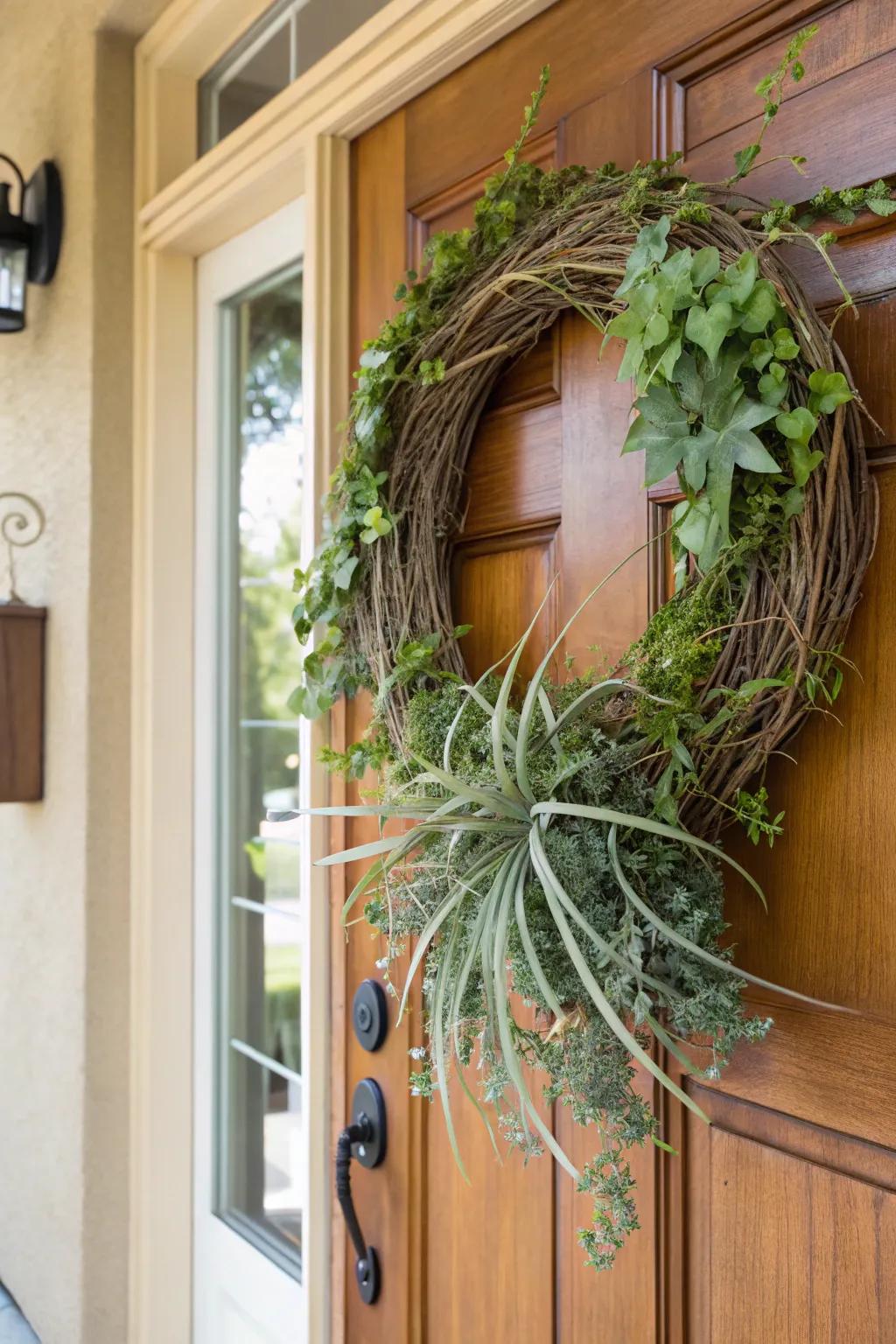 A welcoming air plant garland at the entrance.