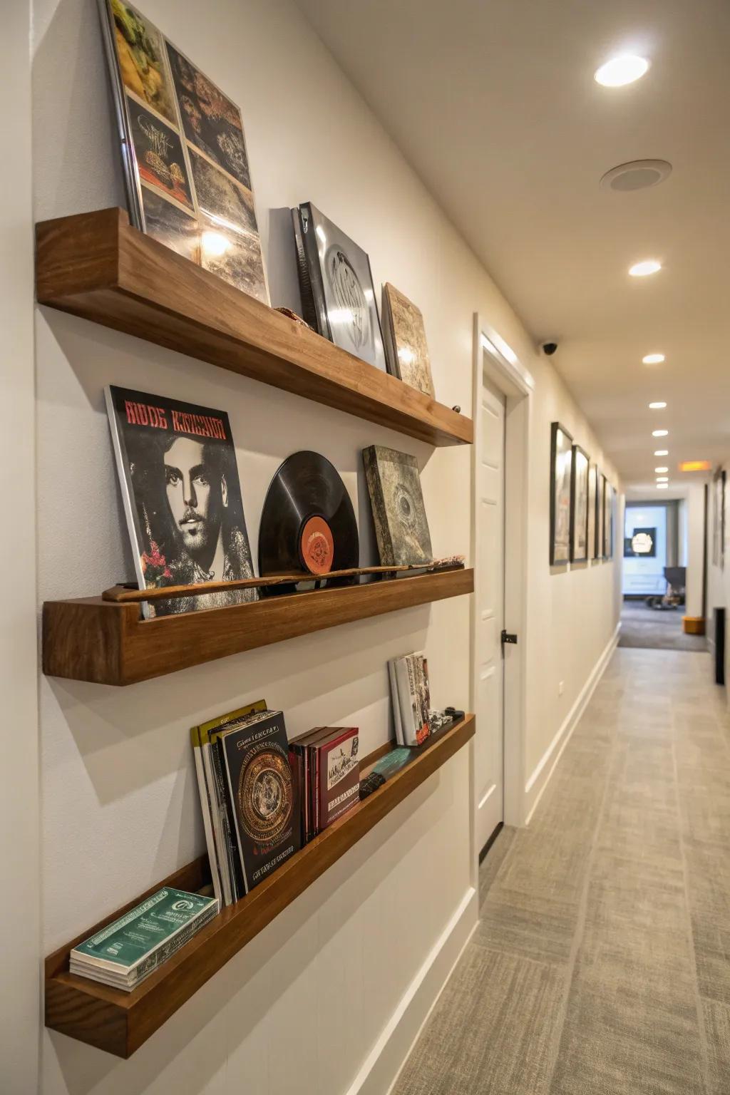 Floating shelves exhibiting vinyl records like wall decor.