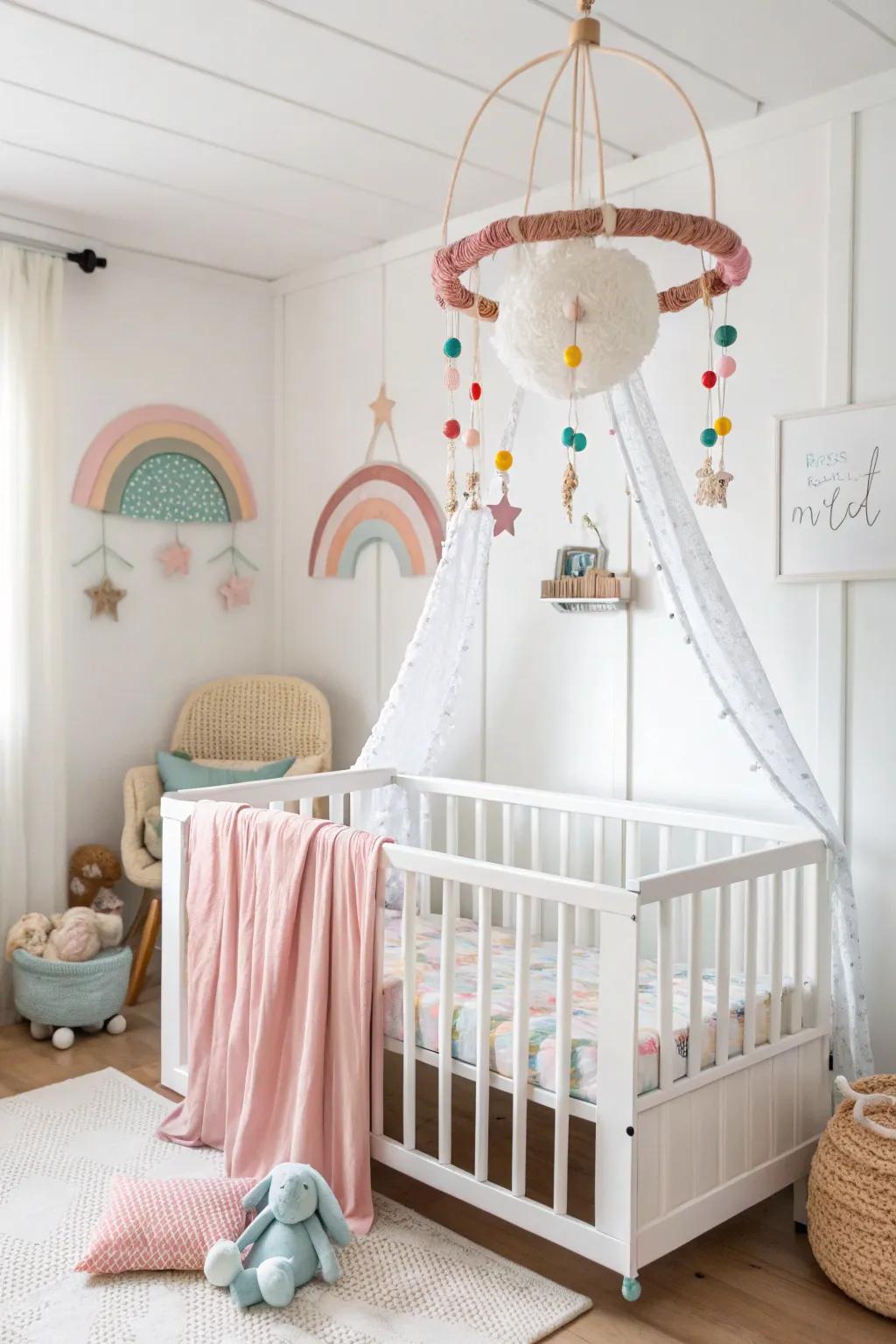 Unanticipated elements impart a playful touch to a white nursery.