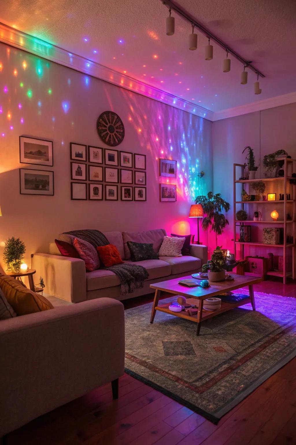 A family room featuring multi-colored LED lights that contribute a lively vibe.