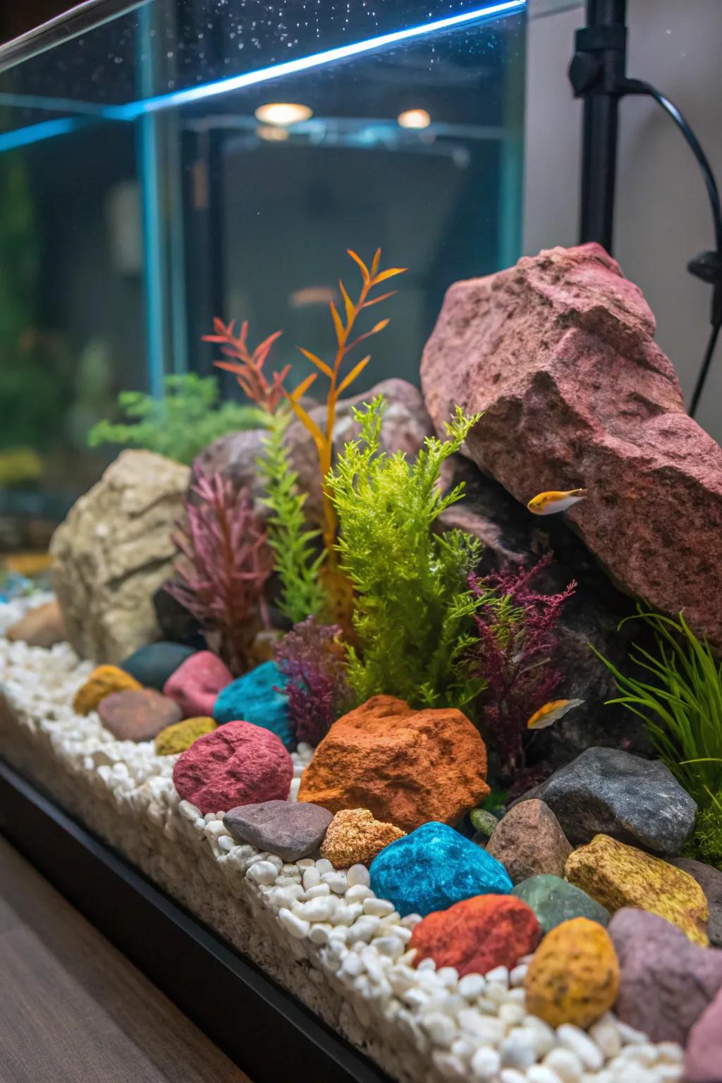 A multihued rock assortment enriches this aquascape.
