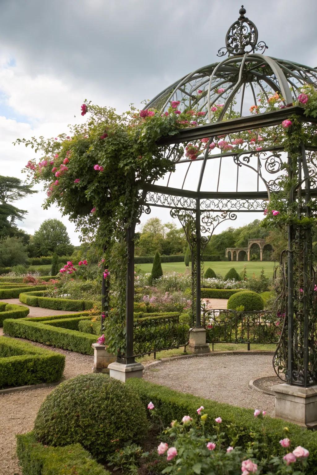 A Victorian-style arbor adds timeless elegance to the garden.