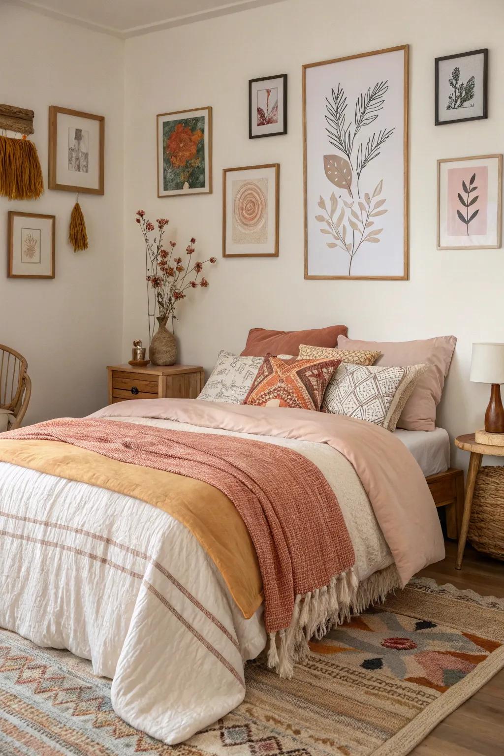 Inviting bedding adds comfort and unifies the room.