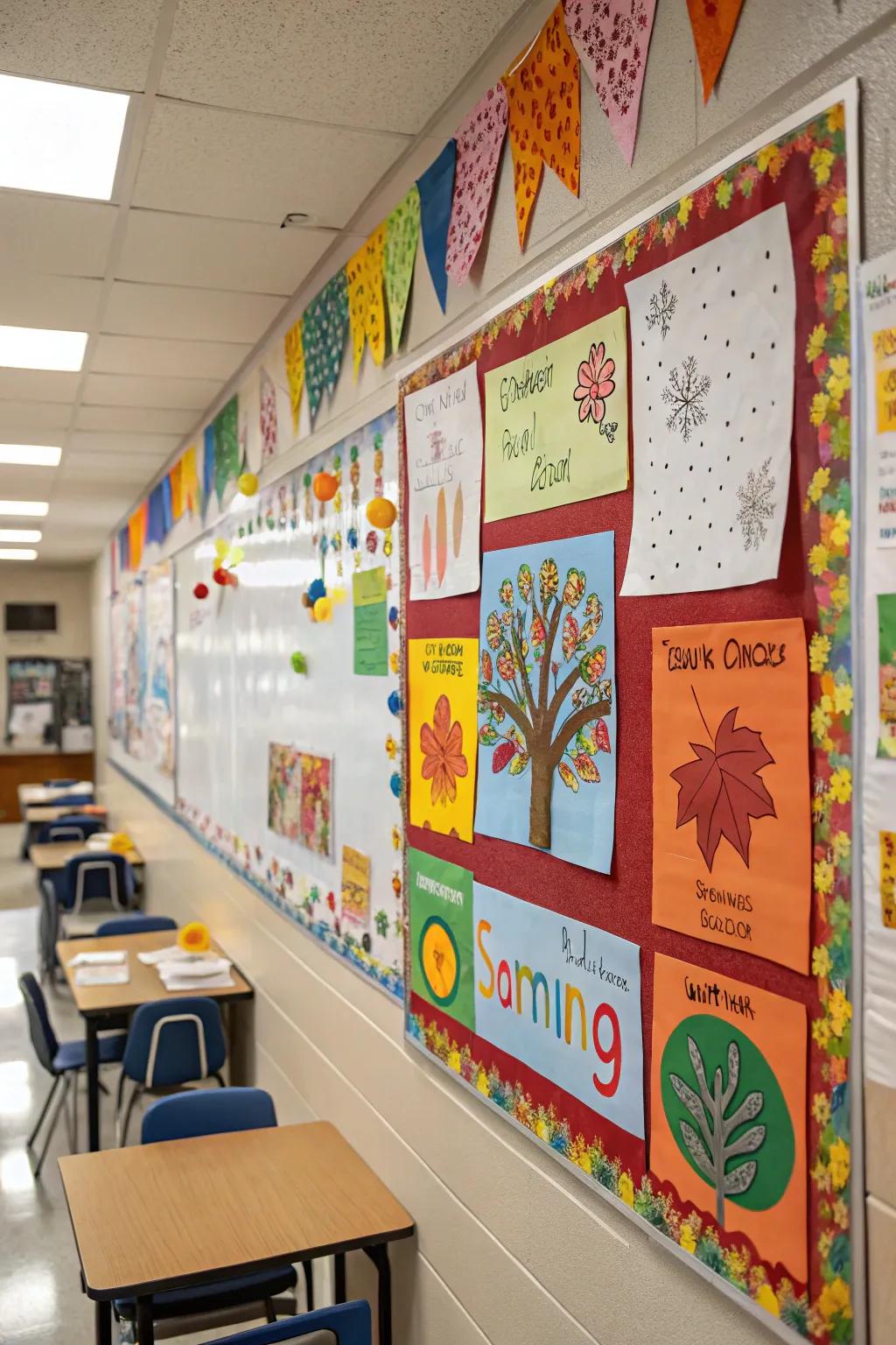 A bulletin board decorated with seasonal art themes.