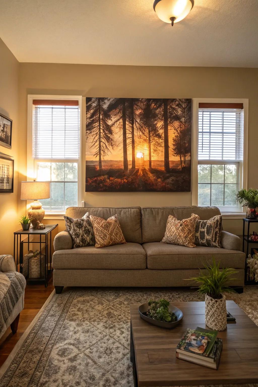 Art above furnishings establishes a stunning centerpiece in any space.