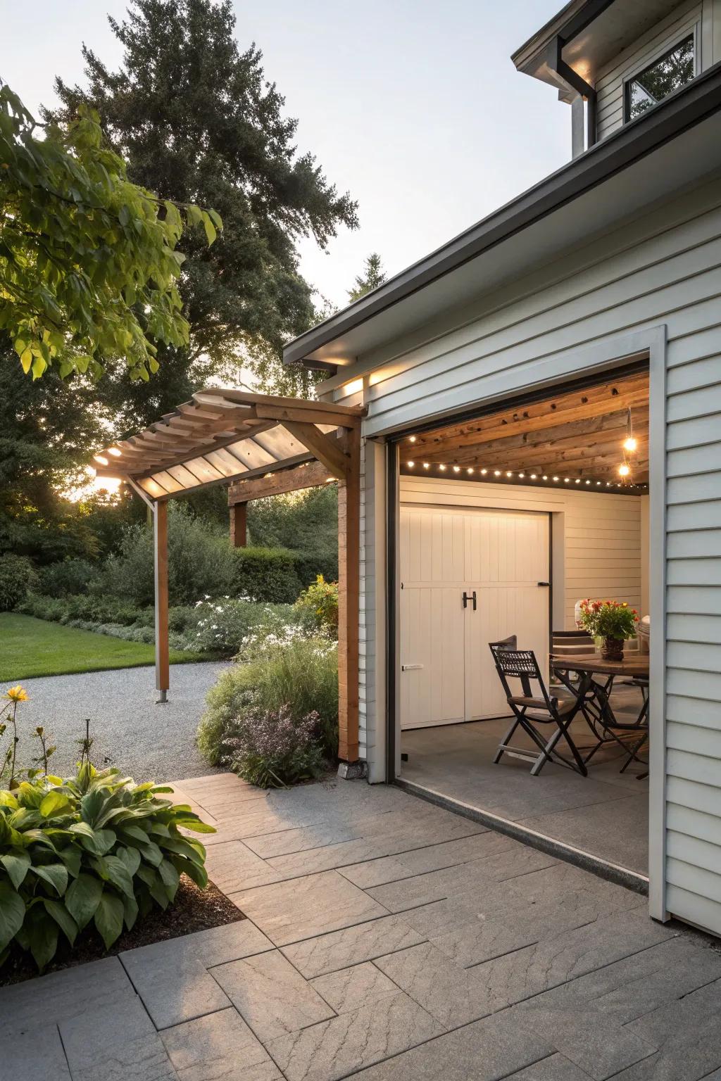 An outdoor living addition that complements the garage space.