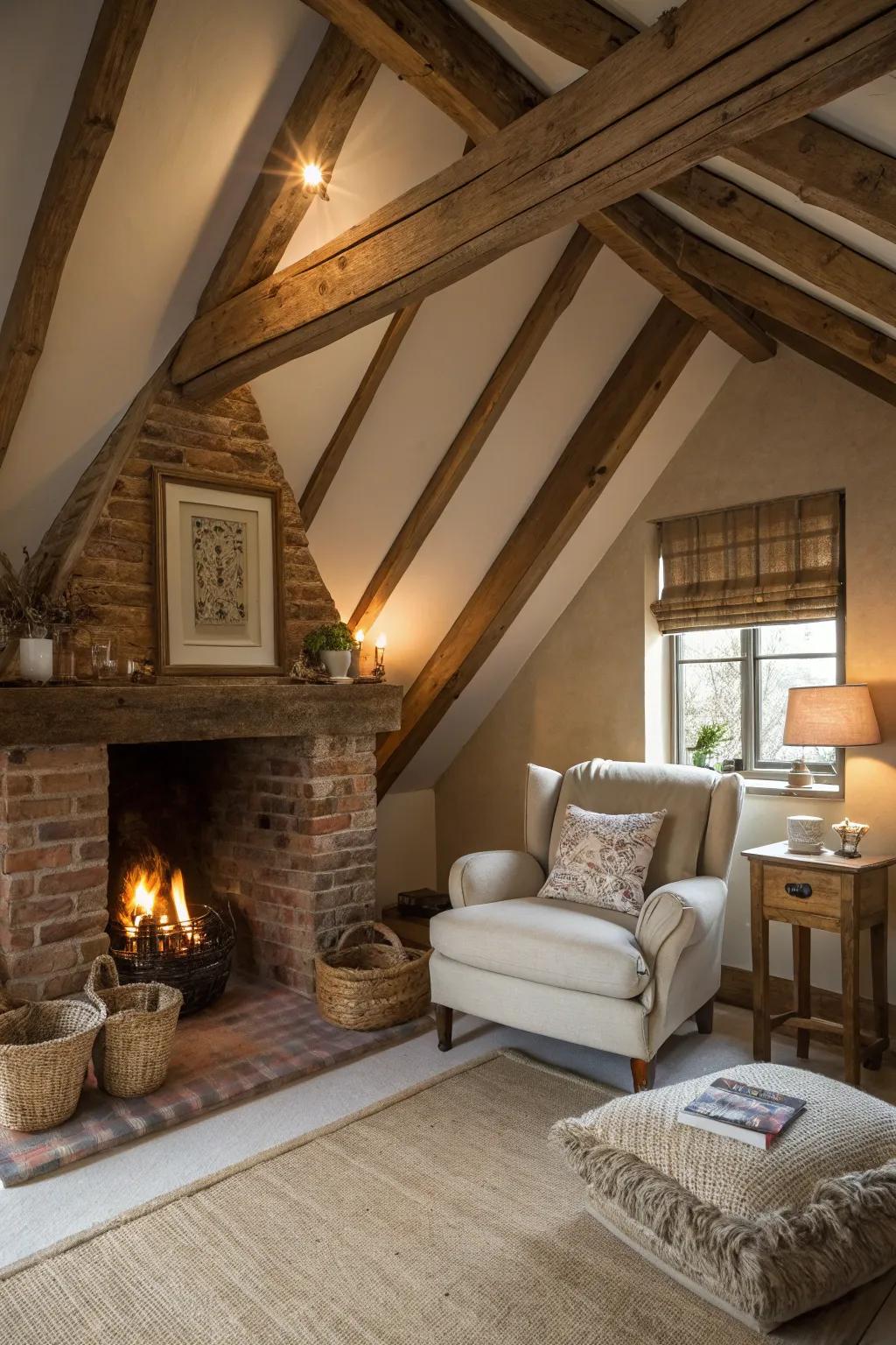 A rustic fireplace is the perfect centerpiece for a cozy attic bedroom.