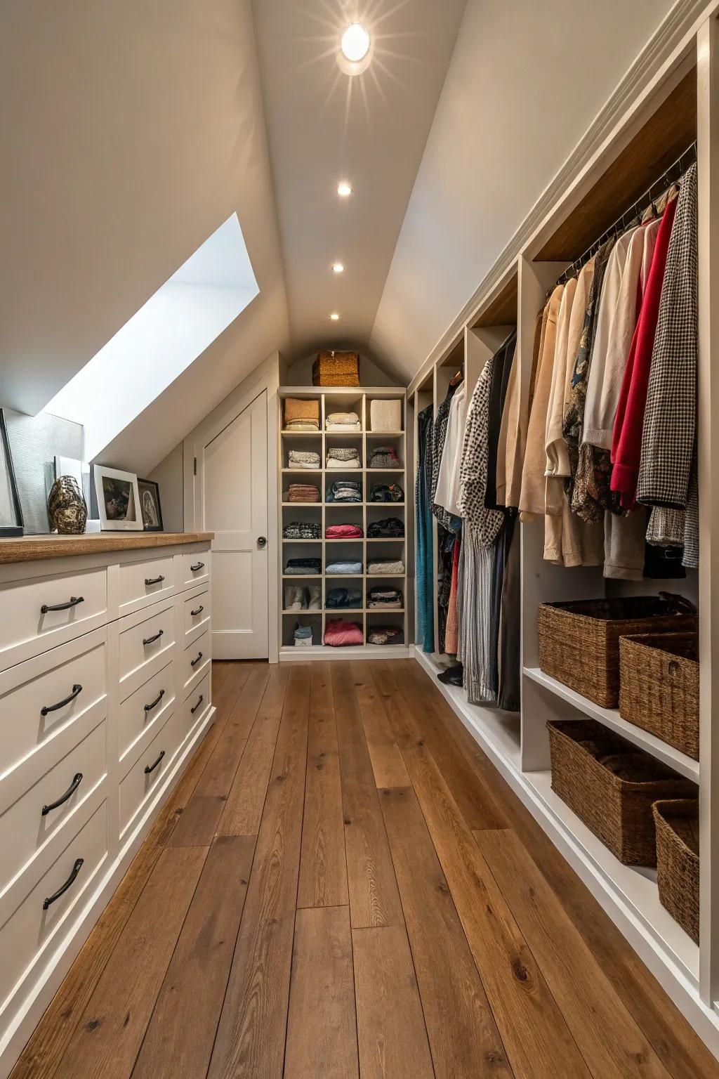 Stylish flooring enhances the attic closet's vibe.