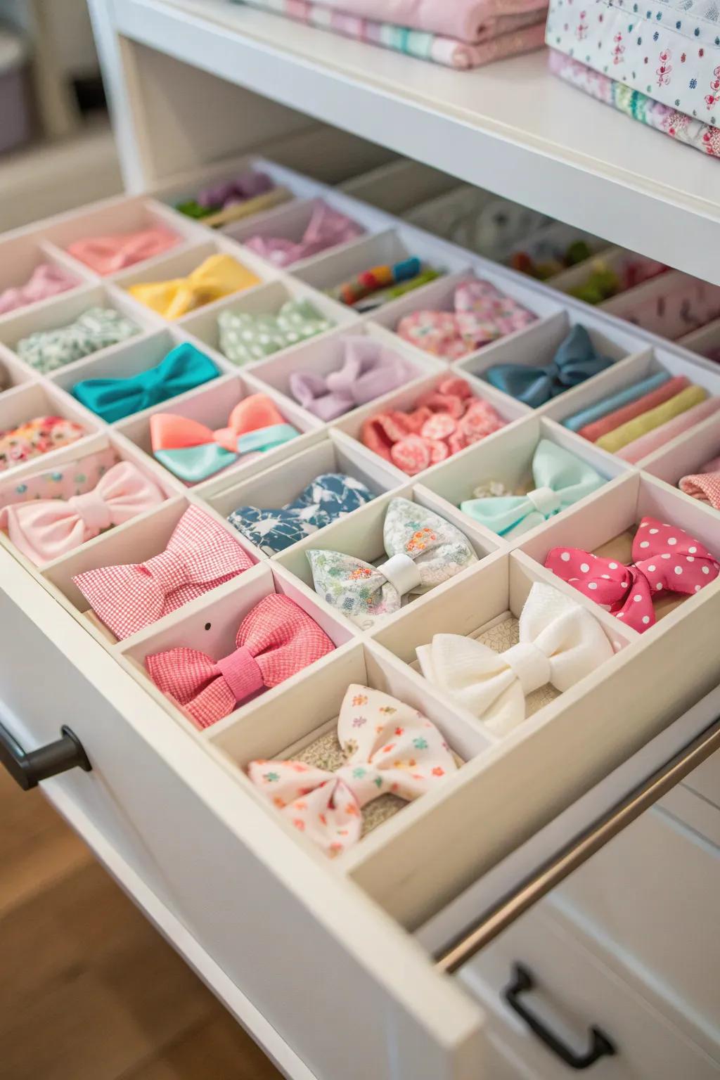 Compartments in the drawer are neatly arranged for storing baby bows.