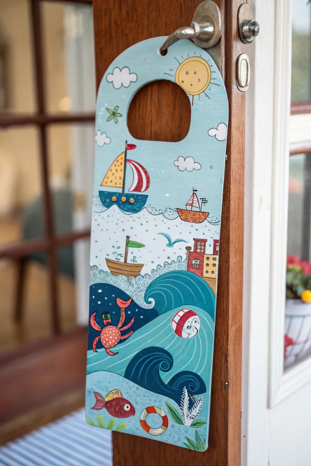 A refreshing ocean-inspired door adornment with nautical elements.