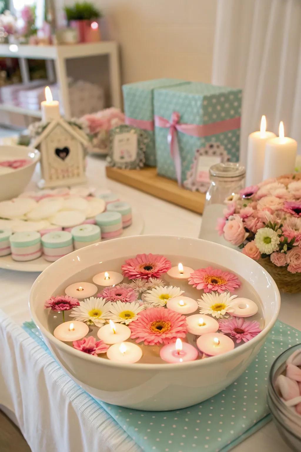 A serene centerpiece using suspended lights and florals