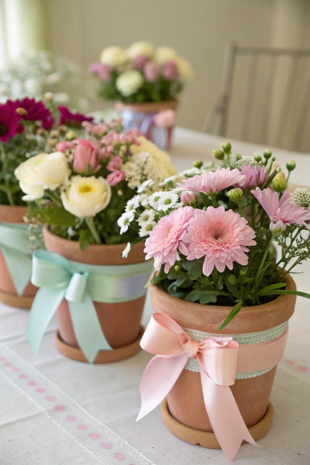 Flower pots with ribbons offer a fresh and elegant touch.