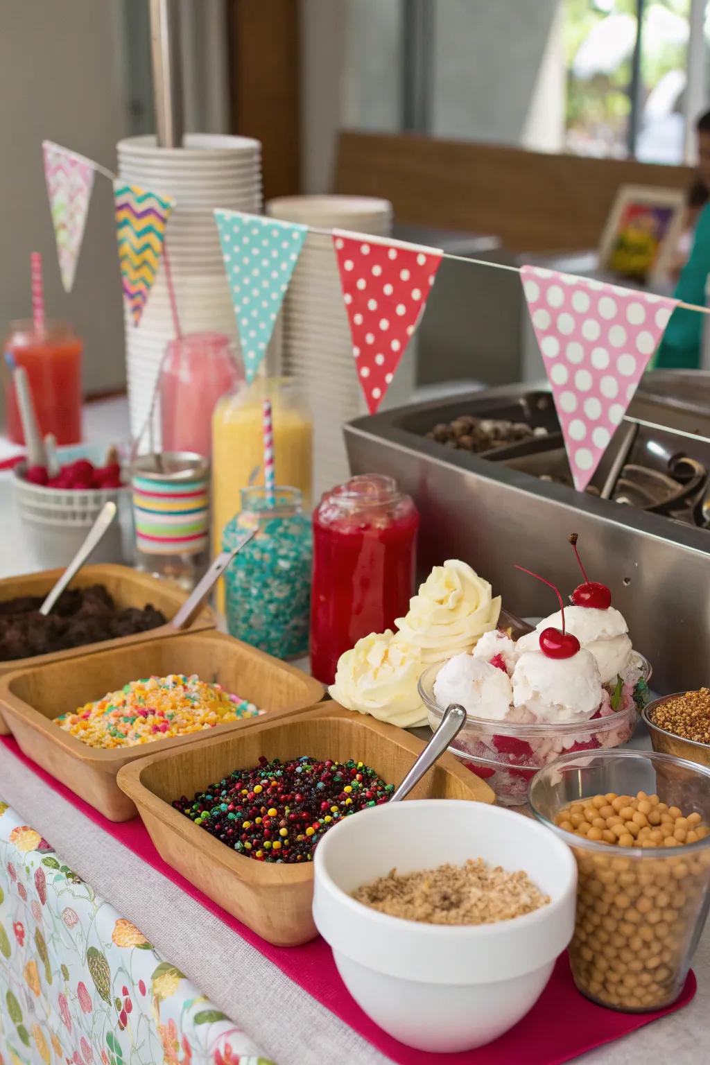 A frozen cream sundae corner featuring a range of toppings.