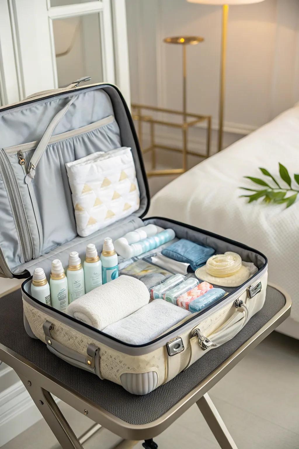 A considerate diaper travel case for traveling expectant parents.