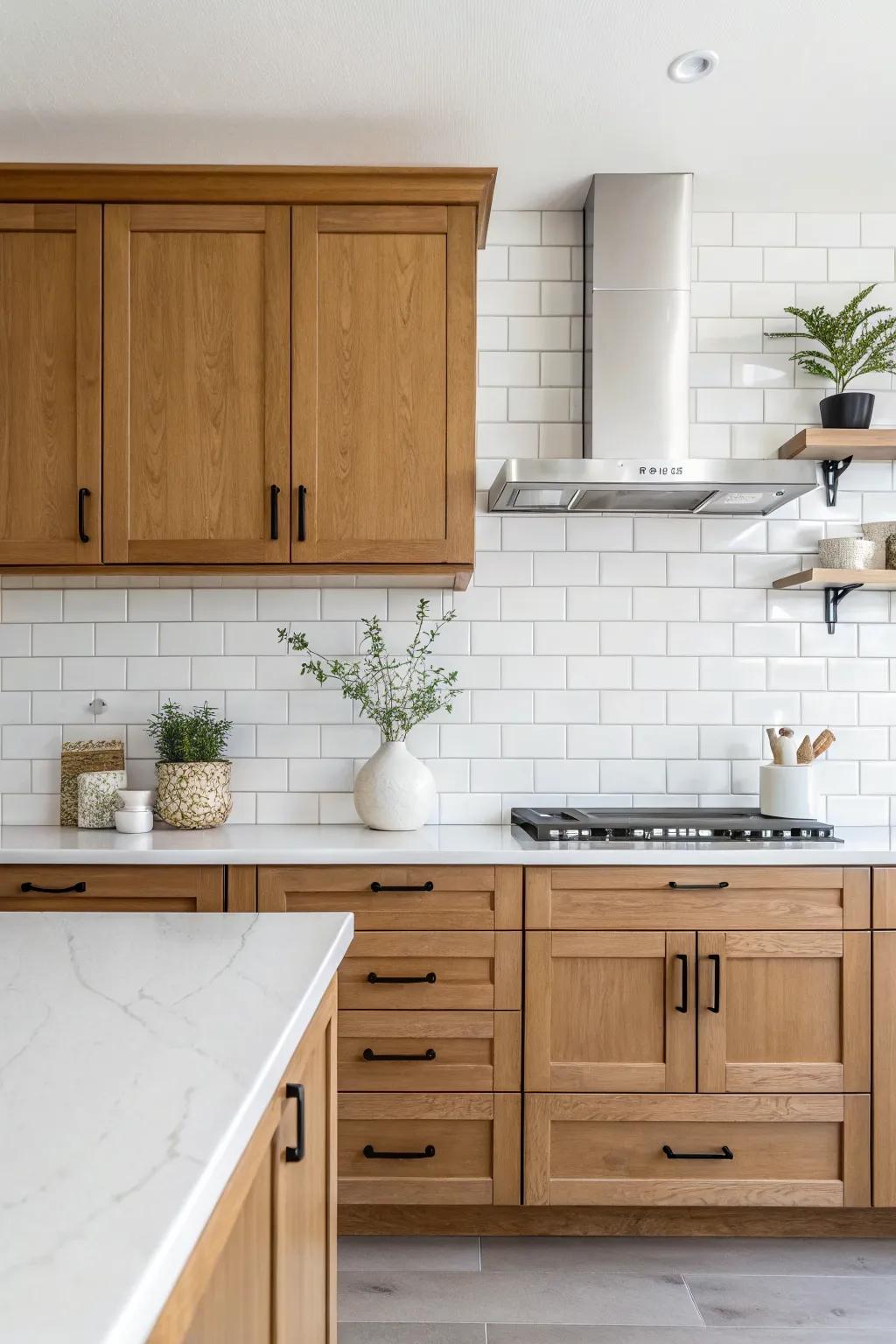 A simple white backing improves the natural appeal of maple cabinets.