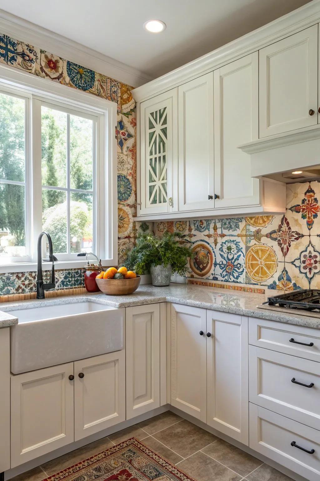 Hand-painted tiles add a unique artistic flair to this white kitchen.