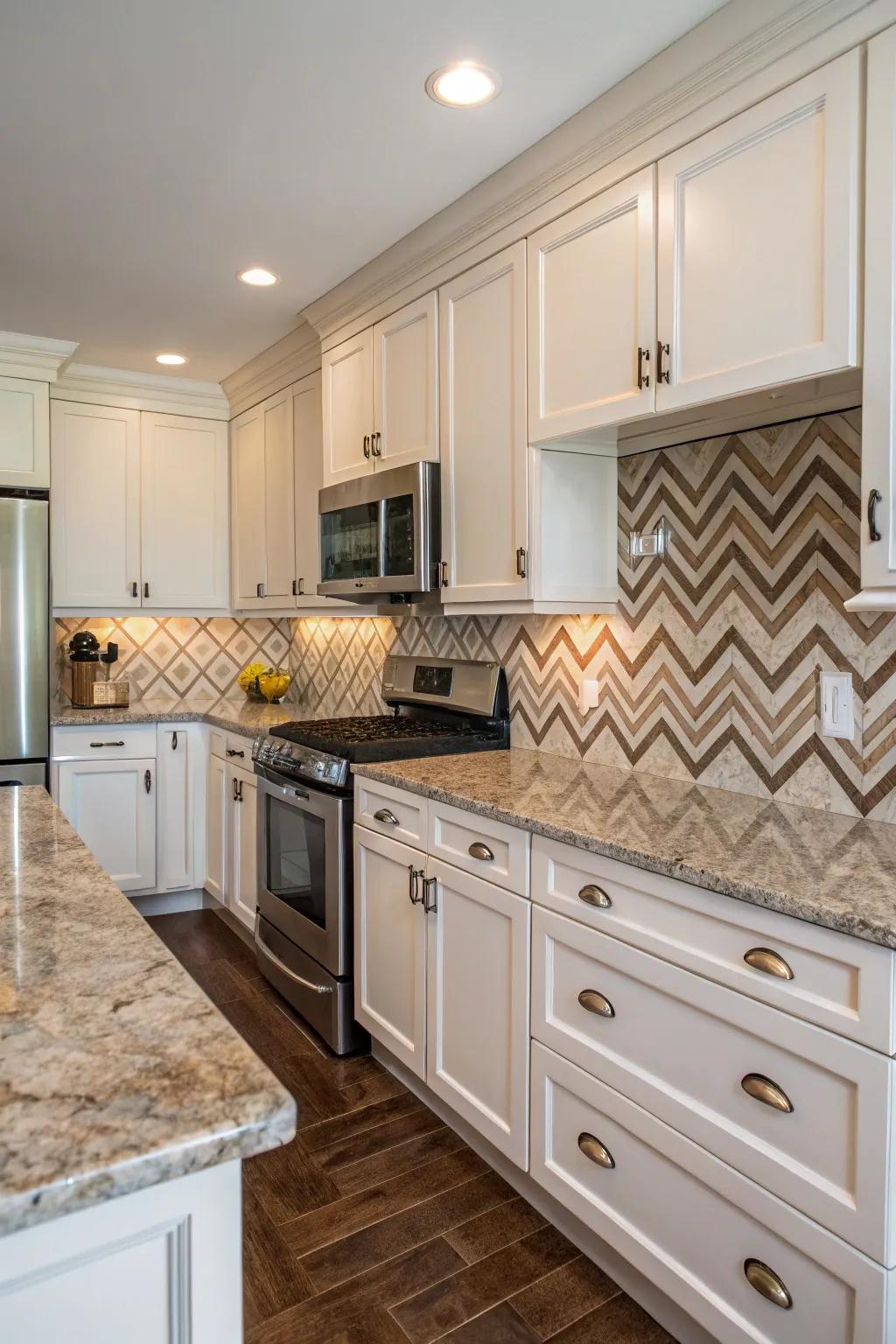 Chevron pattern tiles add a modern edge to fantasy brown granite.