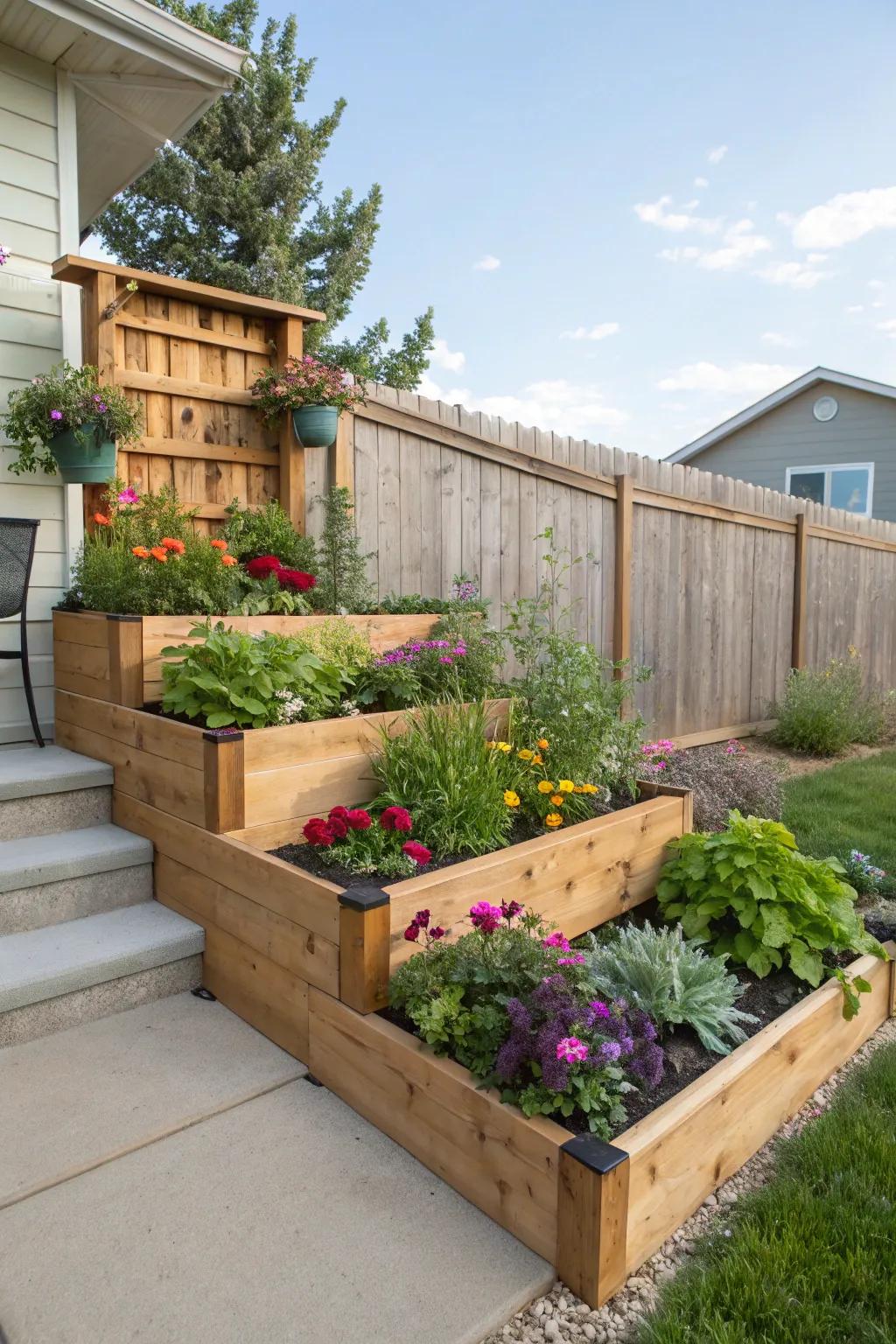 Tiered planters optimize space and visual interest.