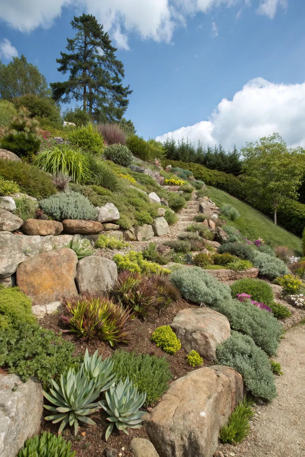 Rock gardens provide a stunning way to showcase the hill’s natural elements.