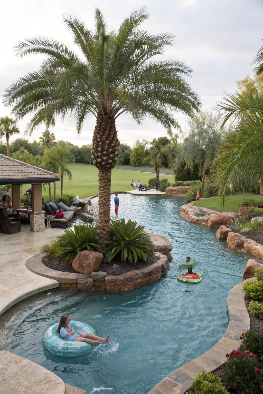 A tropical island getaway within a lazy river pool.