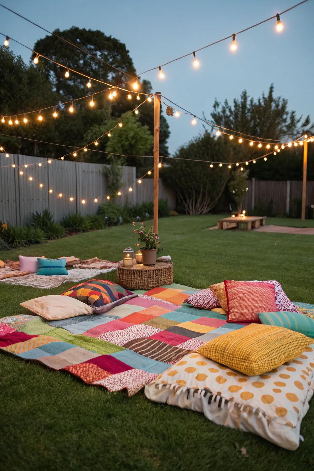 Picnic blankets provide a laid-back and inviting seating arrangement.