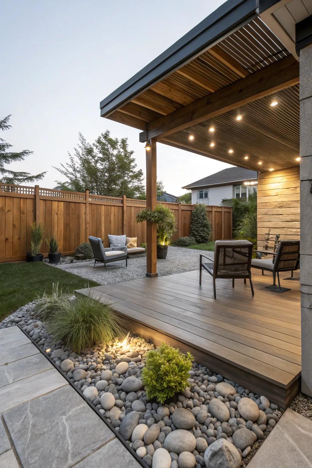 Mixing materials enhance interest to your patio.