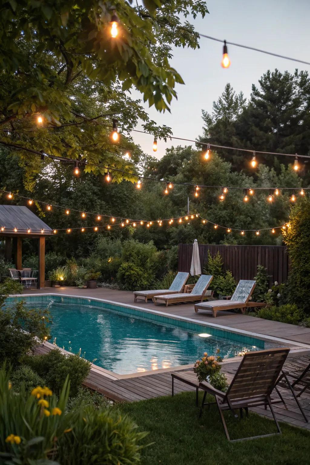 A cozy pool zone illuminated through ambient lighting.