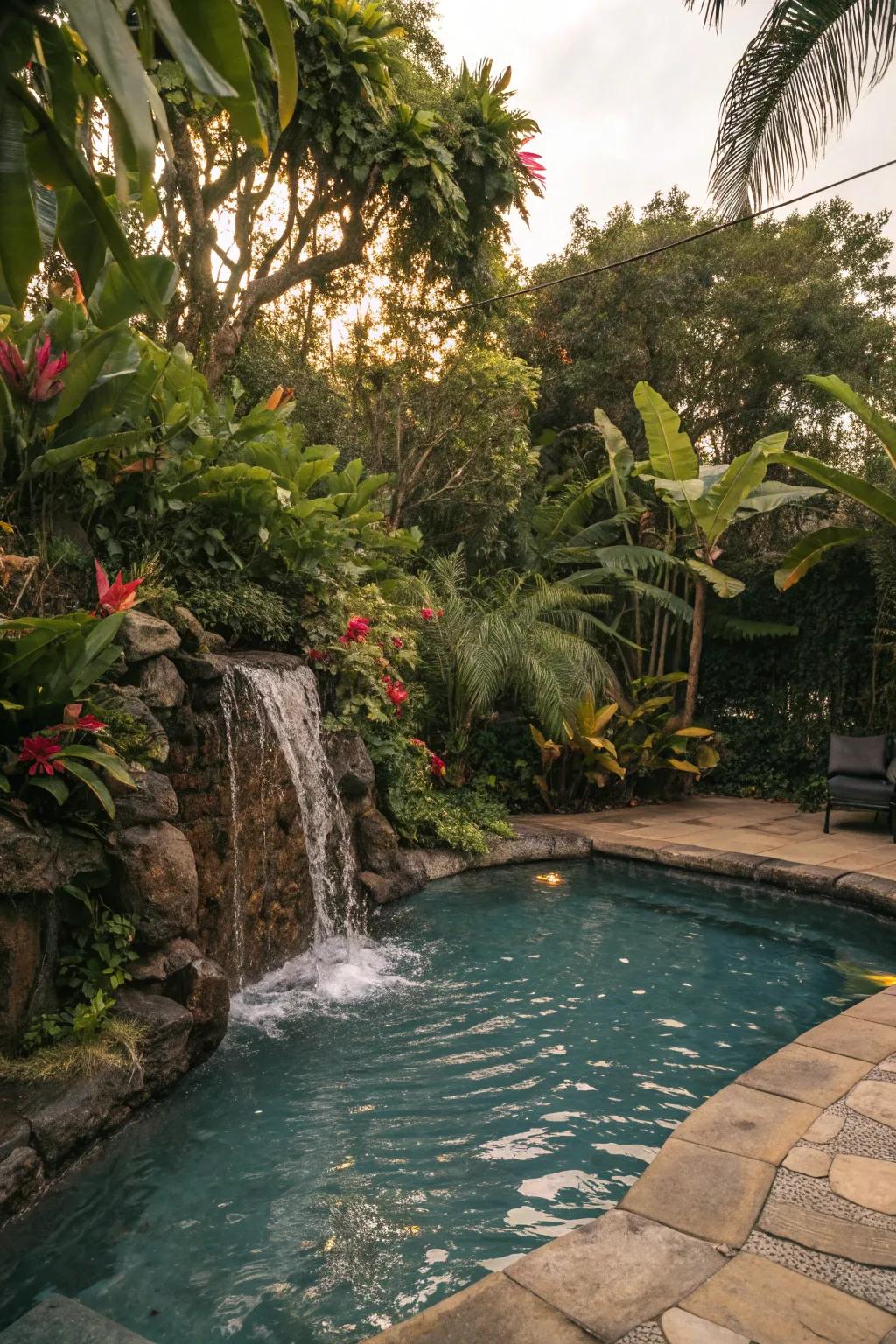 Integrating verdure encircling your cascade crafts an organic oasis.