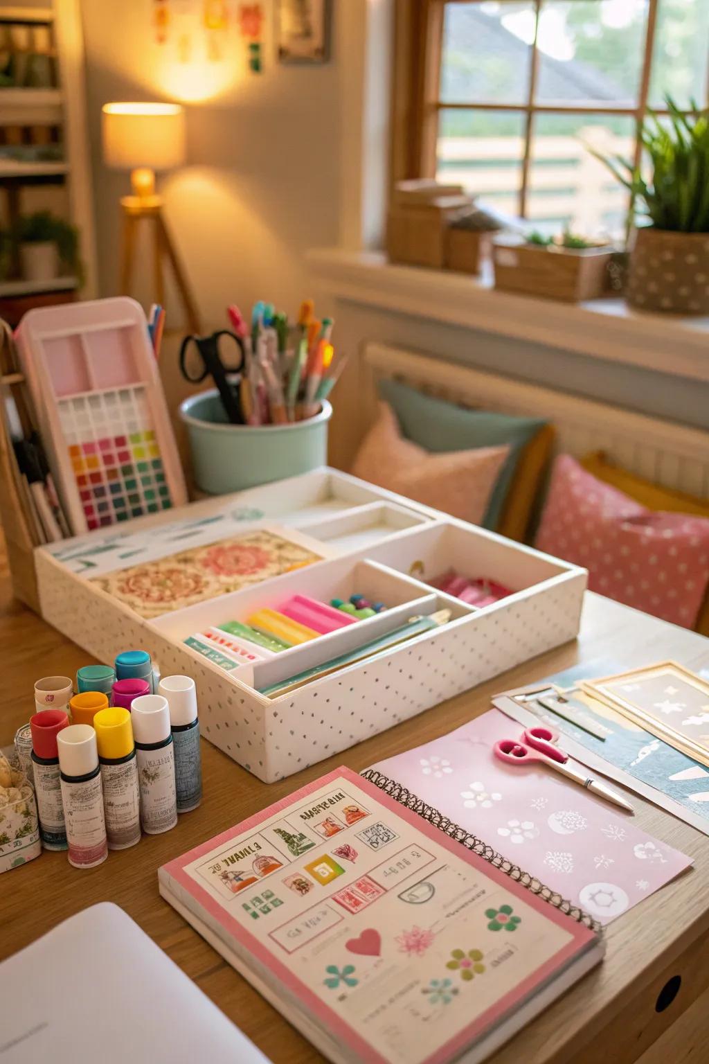 A creative personalized craft corner for party guests.