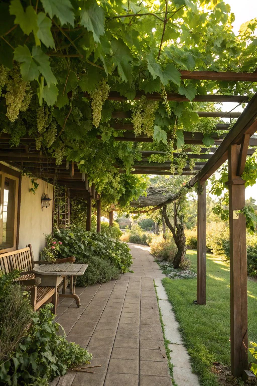 A structure adorned with hanging vines creates a dreamy retreat.