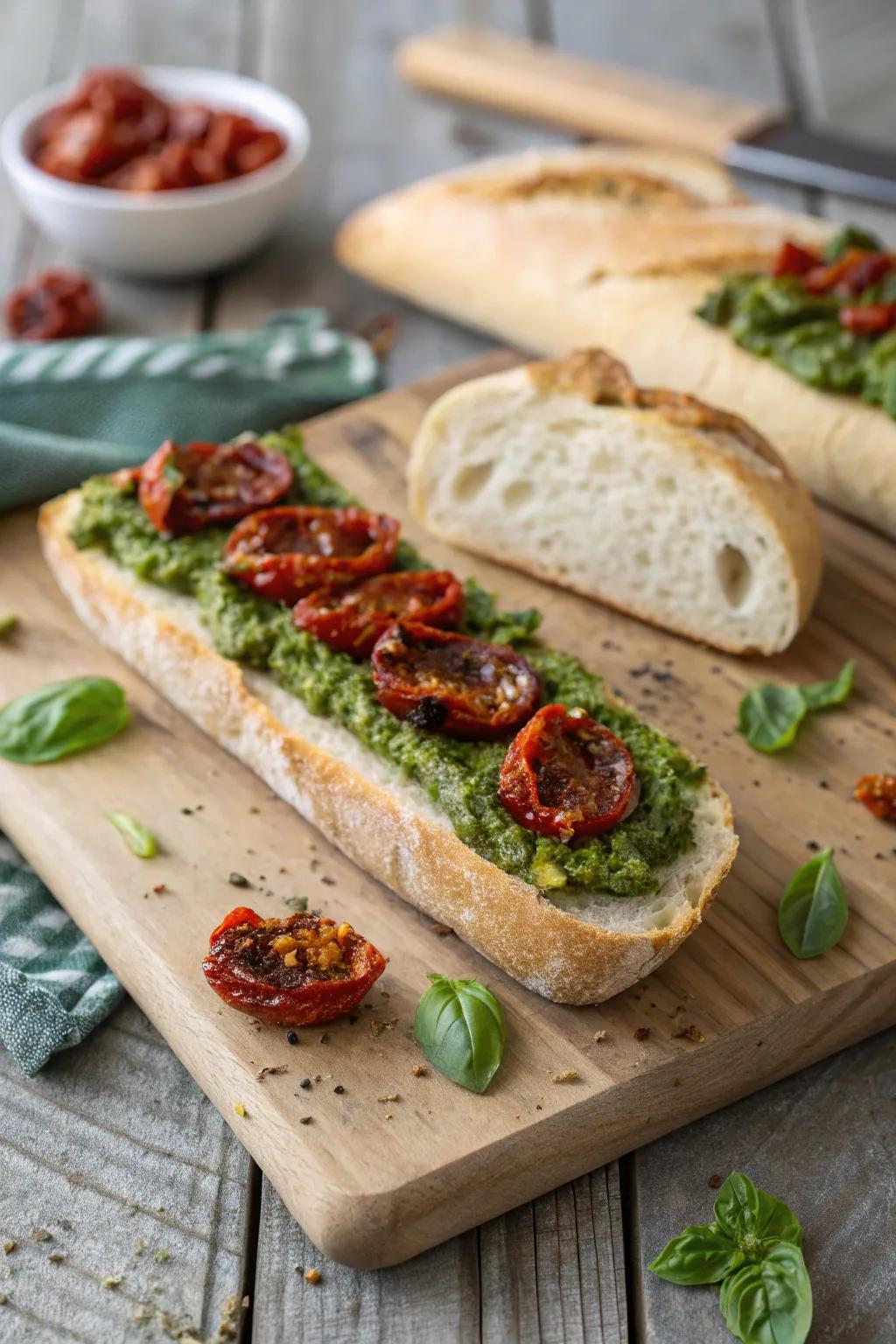 Spinach sauce and sun-dried tomatoes bring a burst of Italian flavor to your baguette.