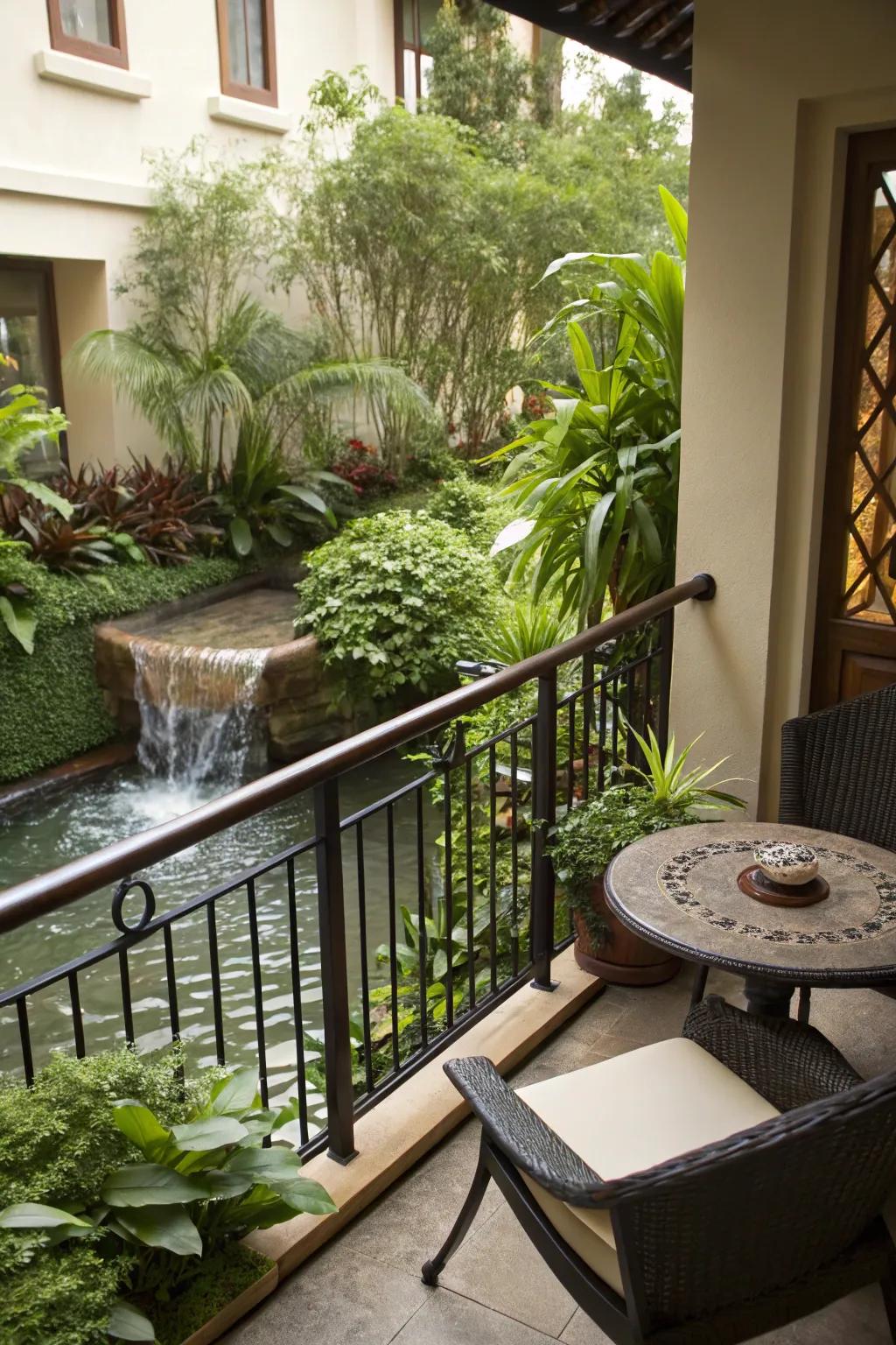 A water element adds a calming, peaceful touch to your balcony.