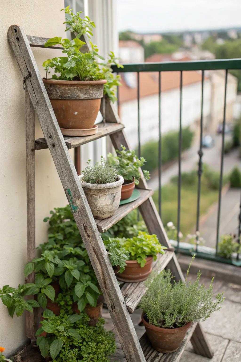 A repurposed step ladder adds height and charm to your herb garden.