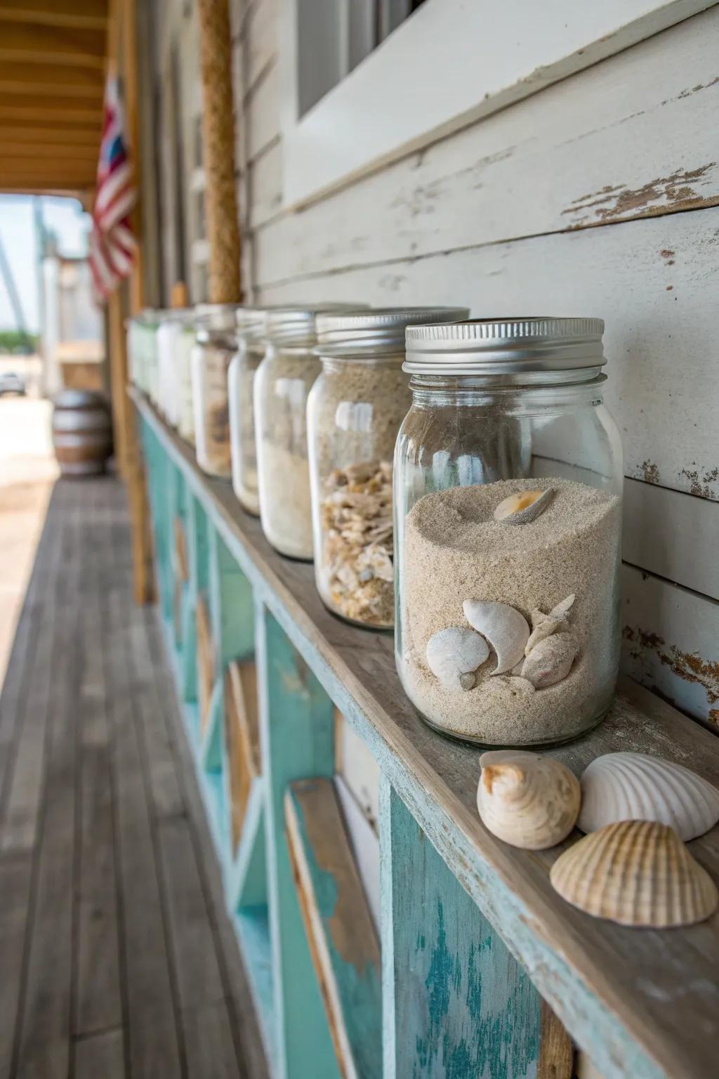 Beach-inspired decor using ball jars brings a coastal vibe indoors.