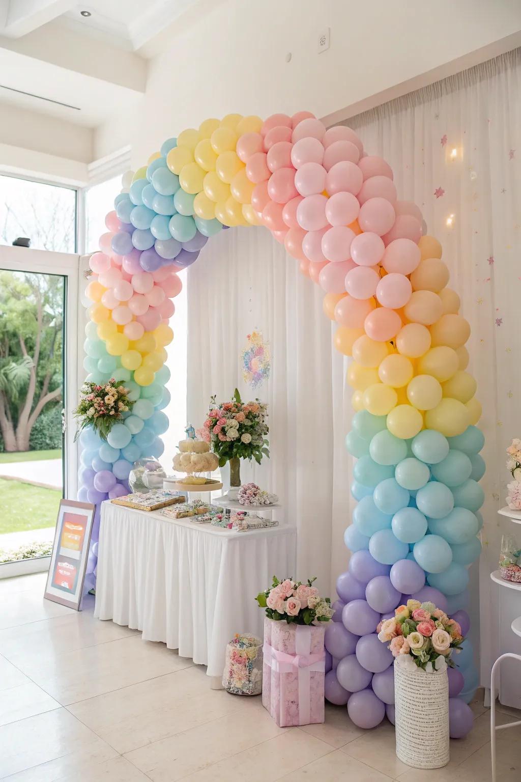 A soft rainbow balloon arc adds a vibrant splash to the event.
