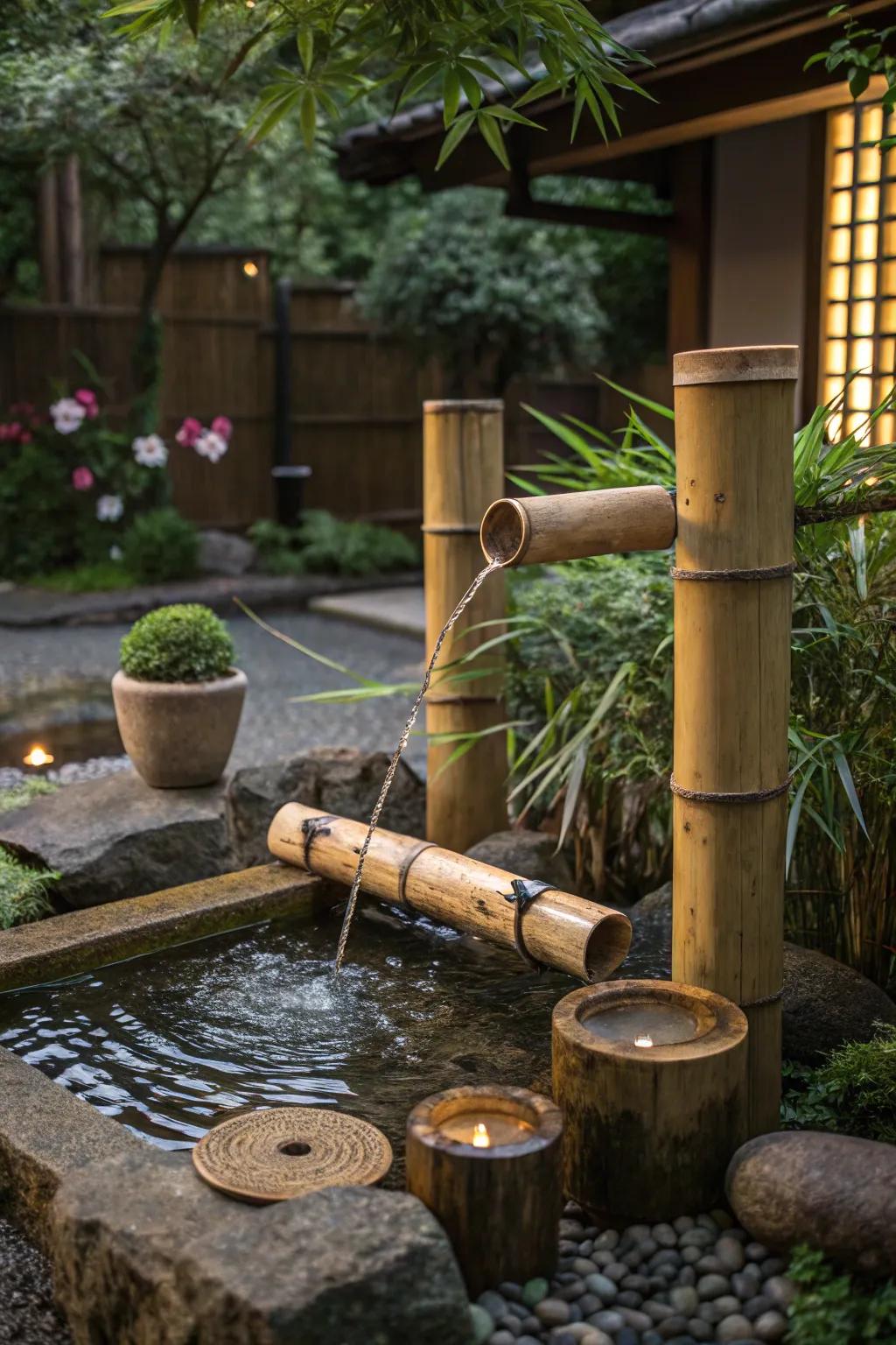 Reeds enhancing the calmness of a garden water feature.