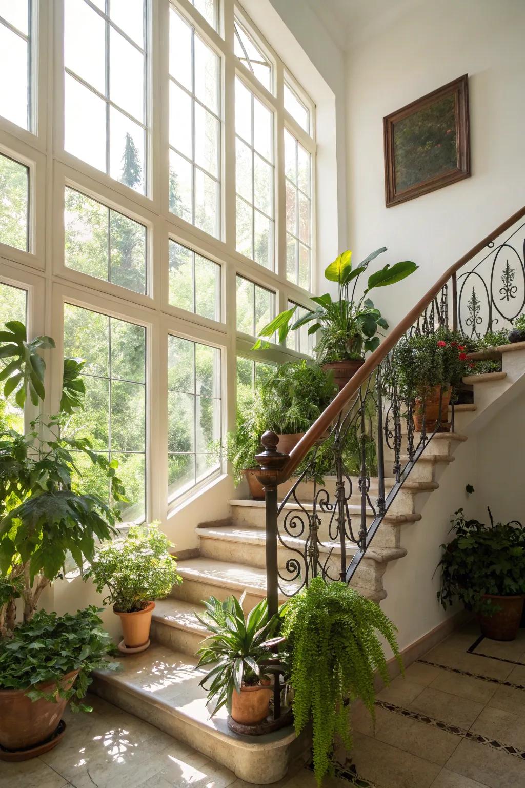 Vibrant and fresh with plants accentuating the banister.