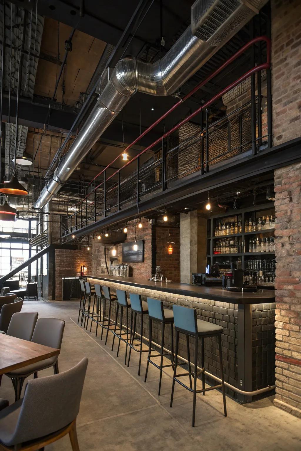 An industrial pipe foot rail introduces a raw, edgy feeling.