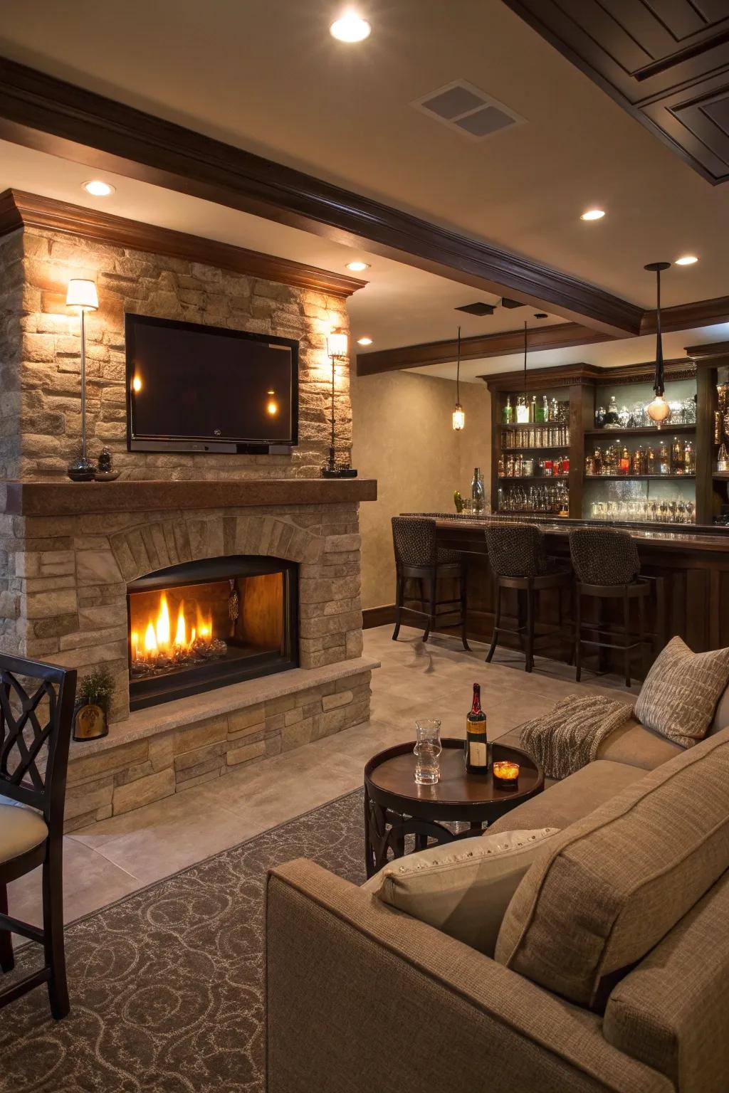 A fireplace creates a warm and inviting bar atmosphere.