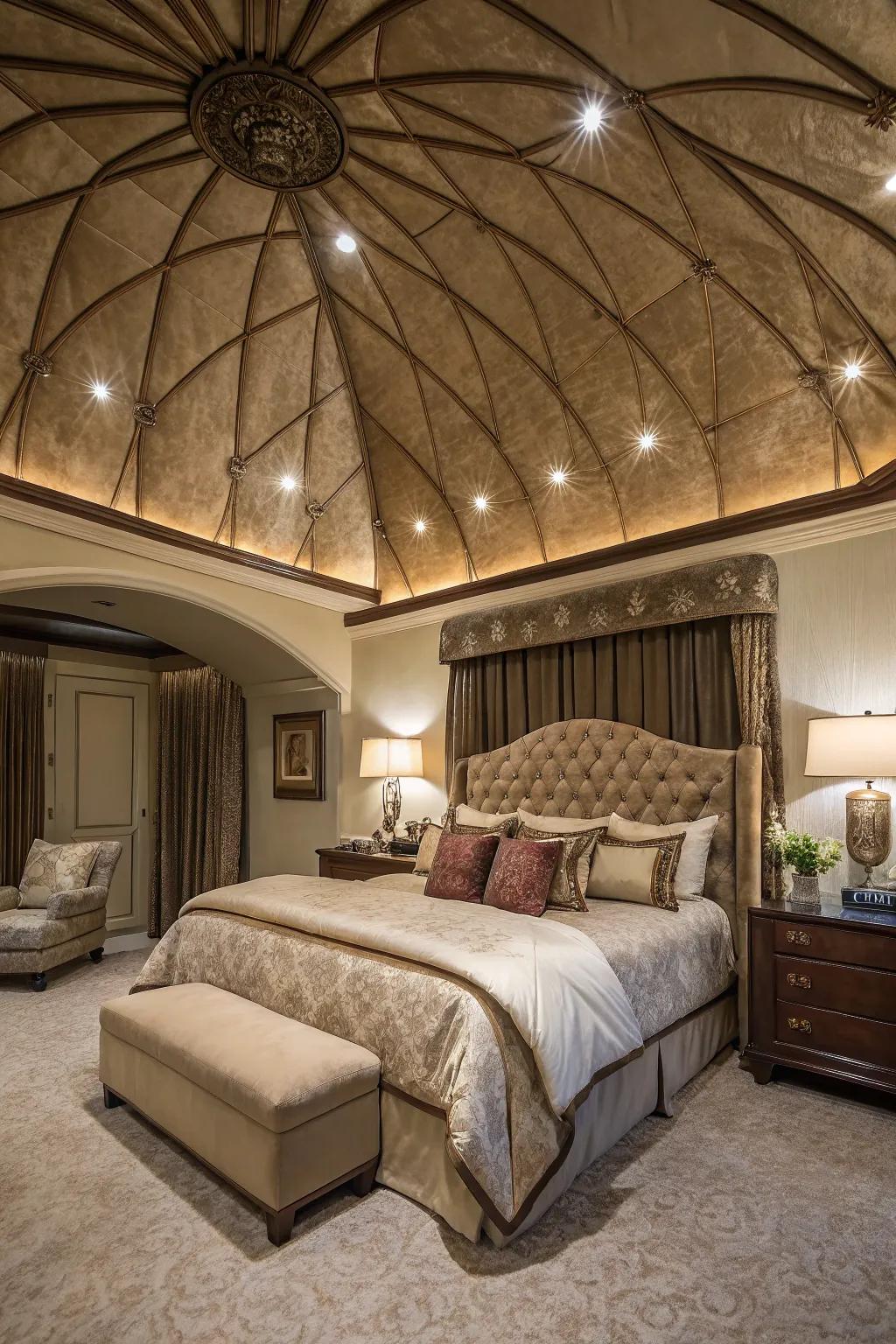 A luxurious master bedroom featuring an opulent vaulted ceiling.