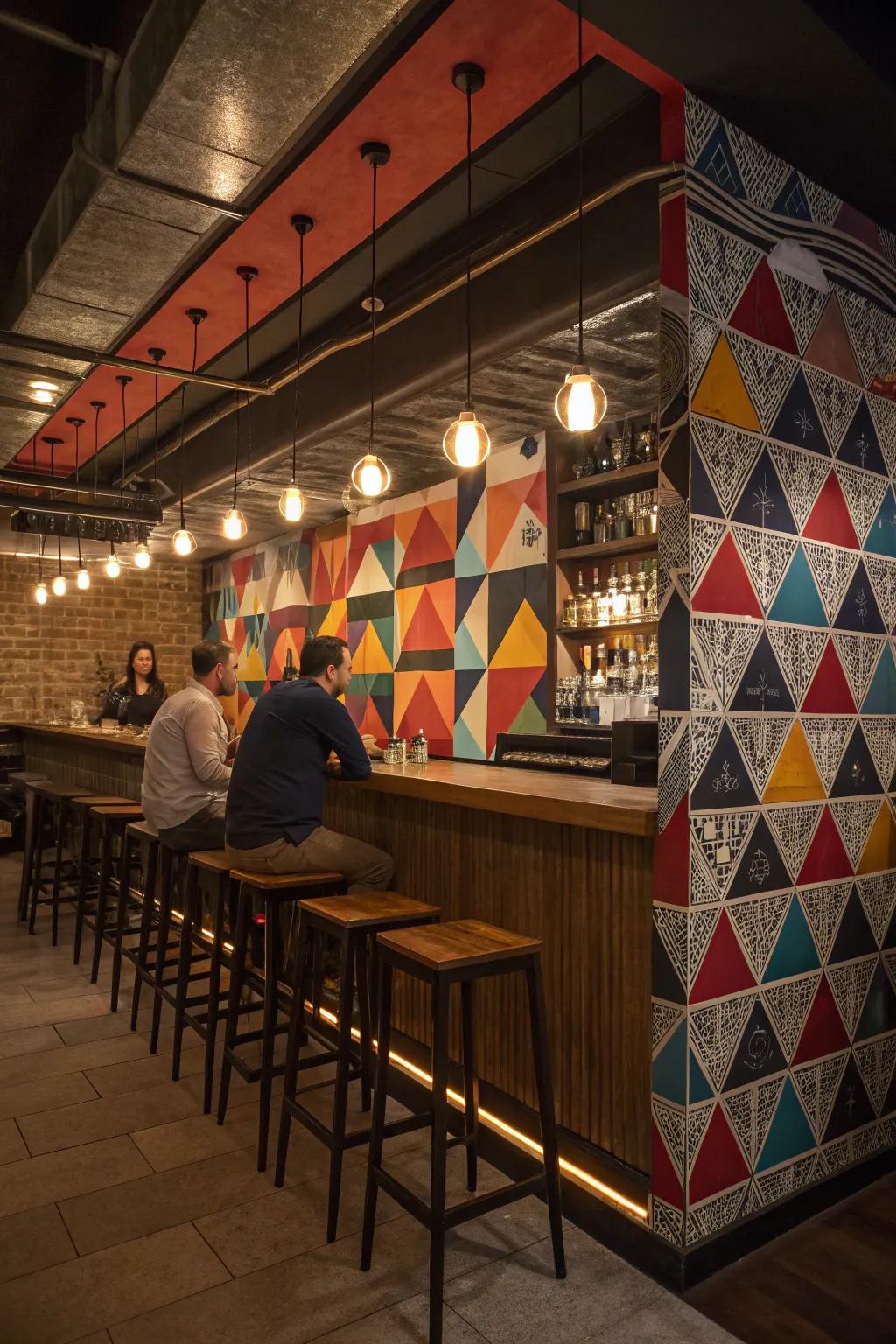 A bold wall covering can define your bar’s aesthetic.