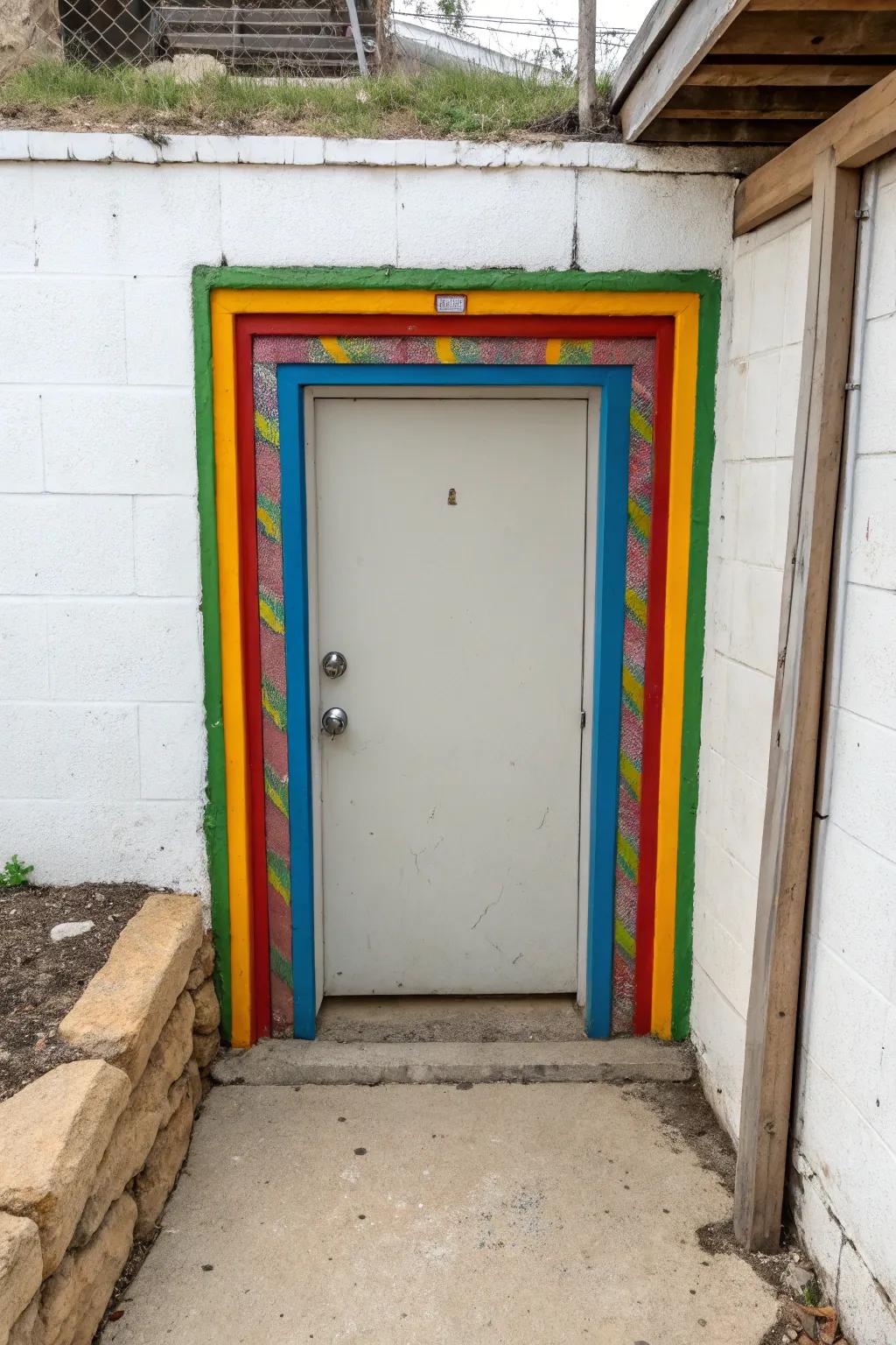 A colorful door frame adds a splash of personality to the basement entrance.