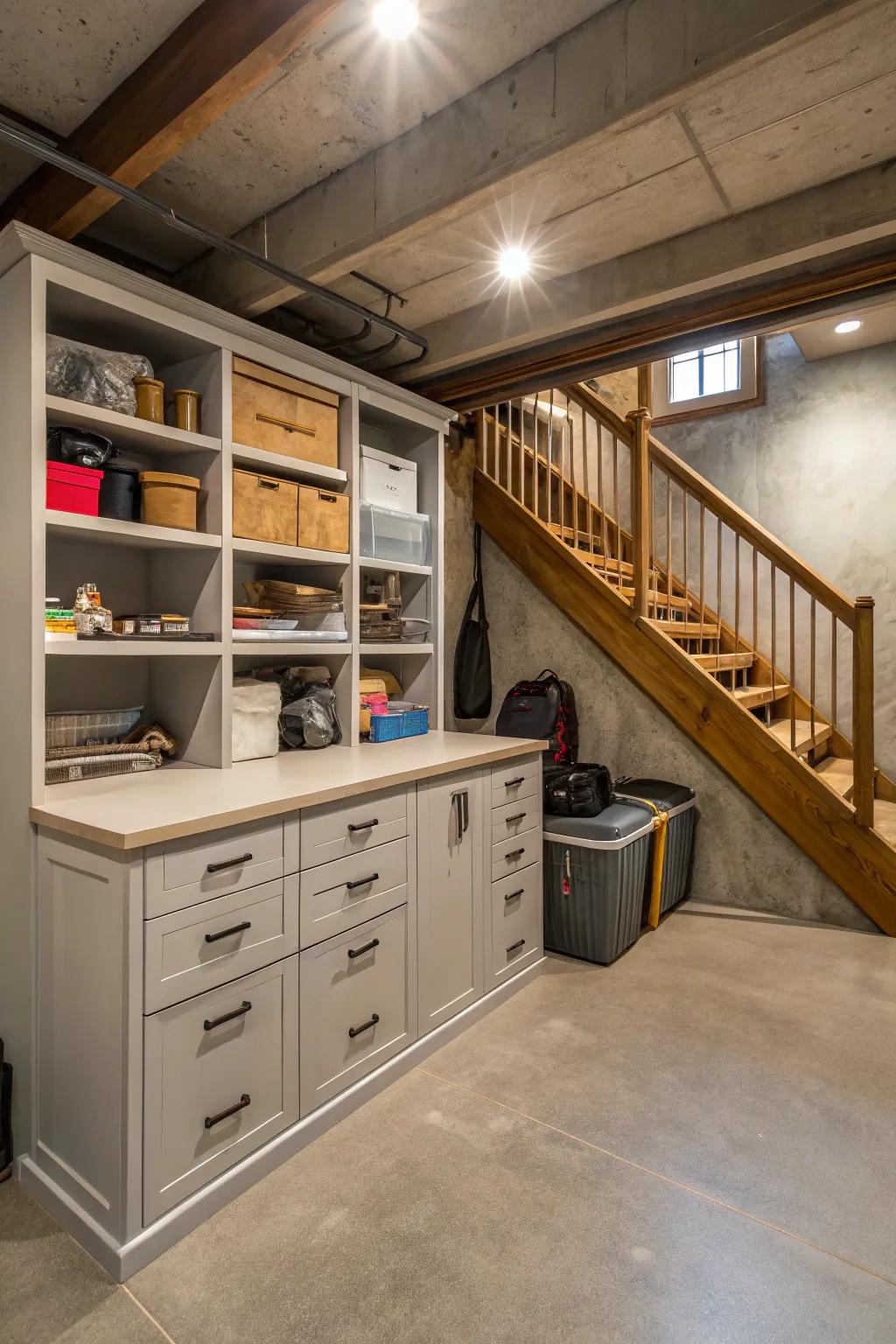 Beneath-stair storage maximizes otherwise forfeited area.