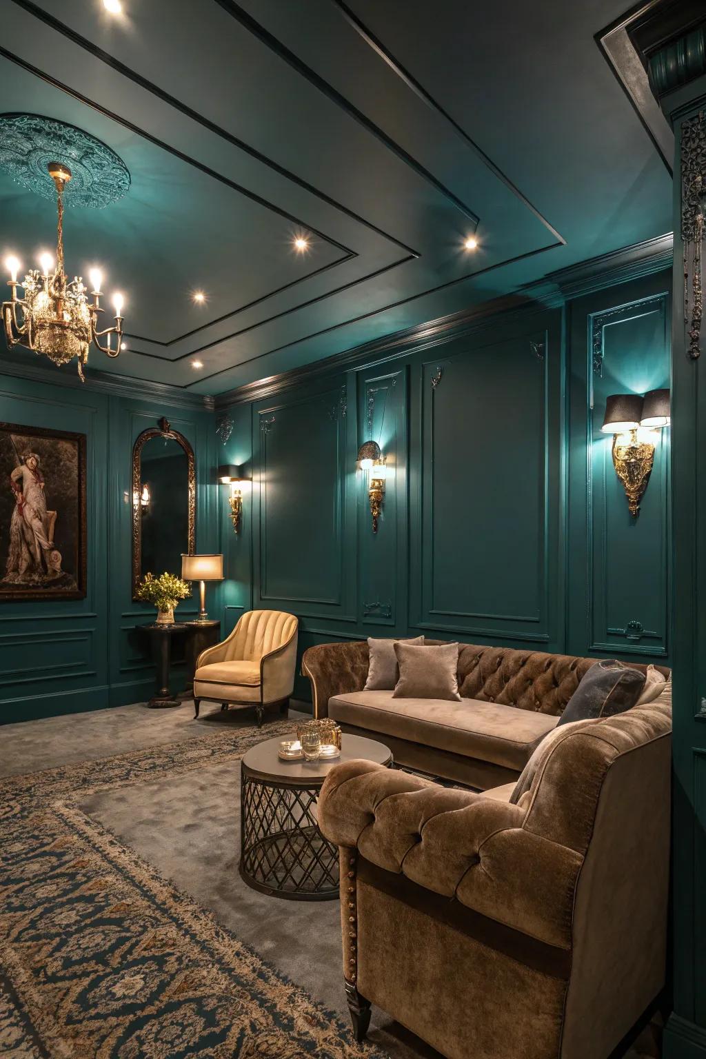 Walls of dark teal add a classy touch to this lower level.