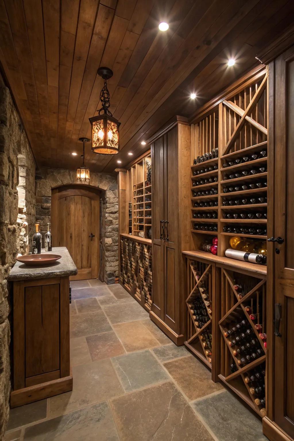 A sophisticated basement wine cellar with elegant storage and a tasting area.
