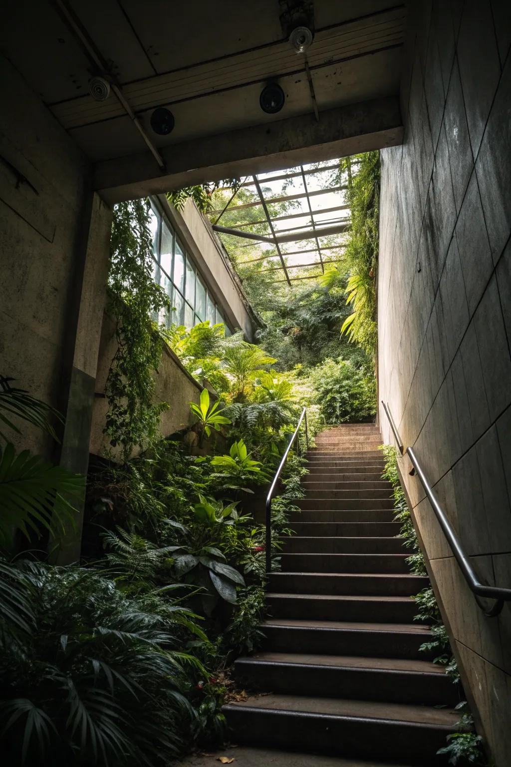 An inside garden transforms the stairway into a refreshing retreat.