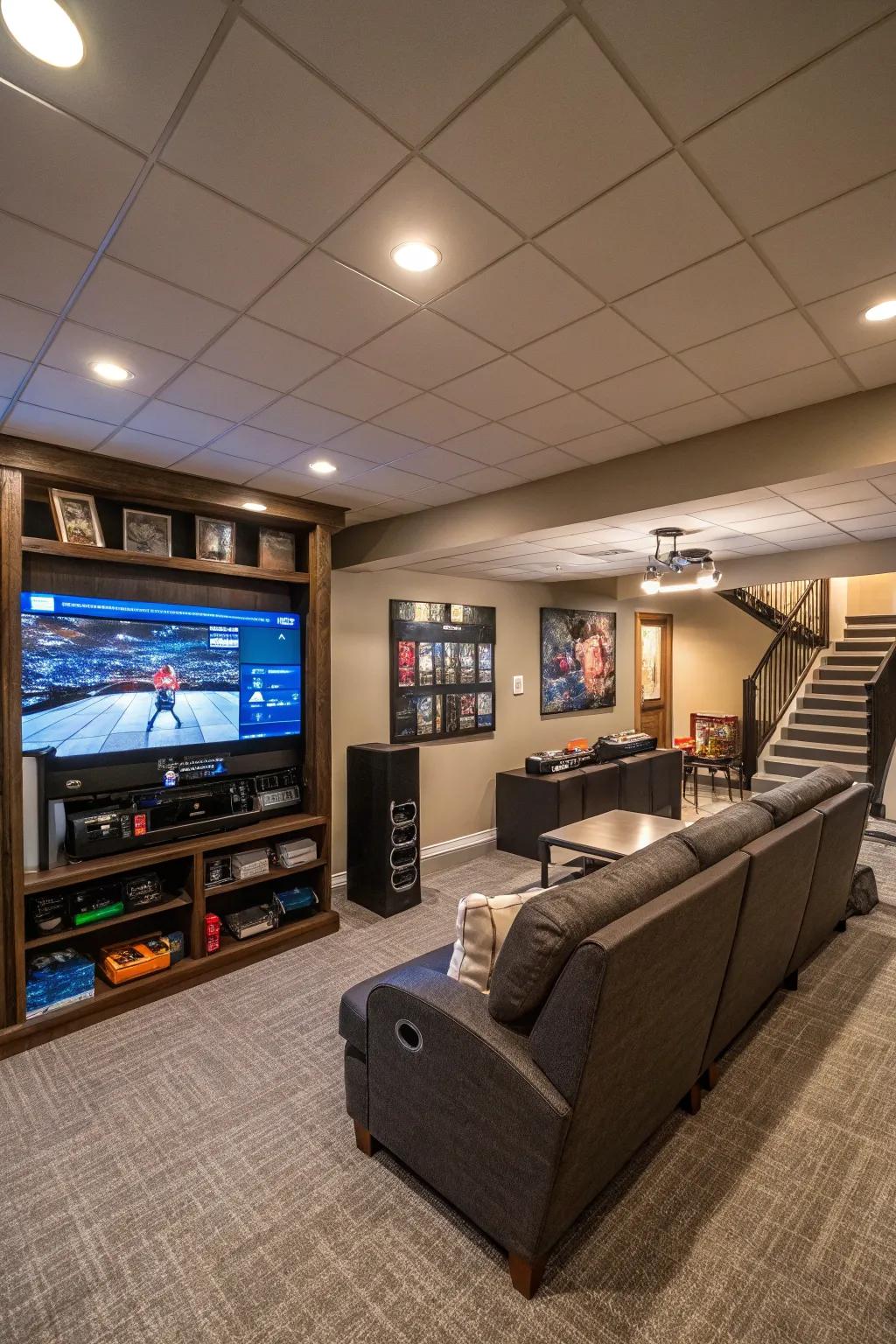 A basement TV area with an entertainment zone including a gaming setup for varied activities.