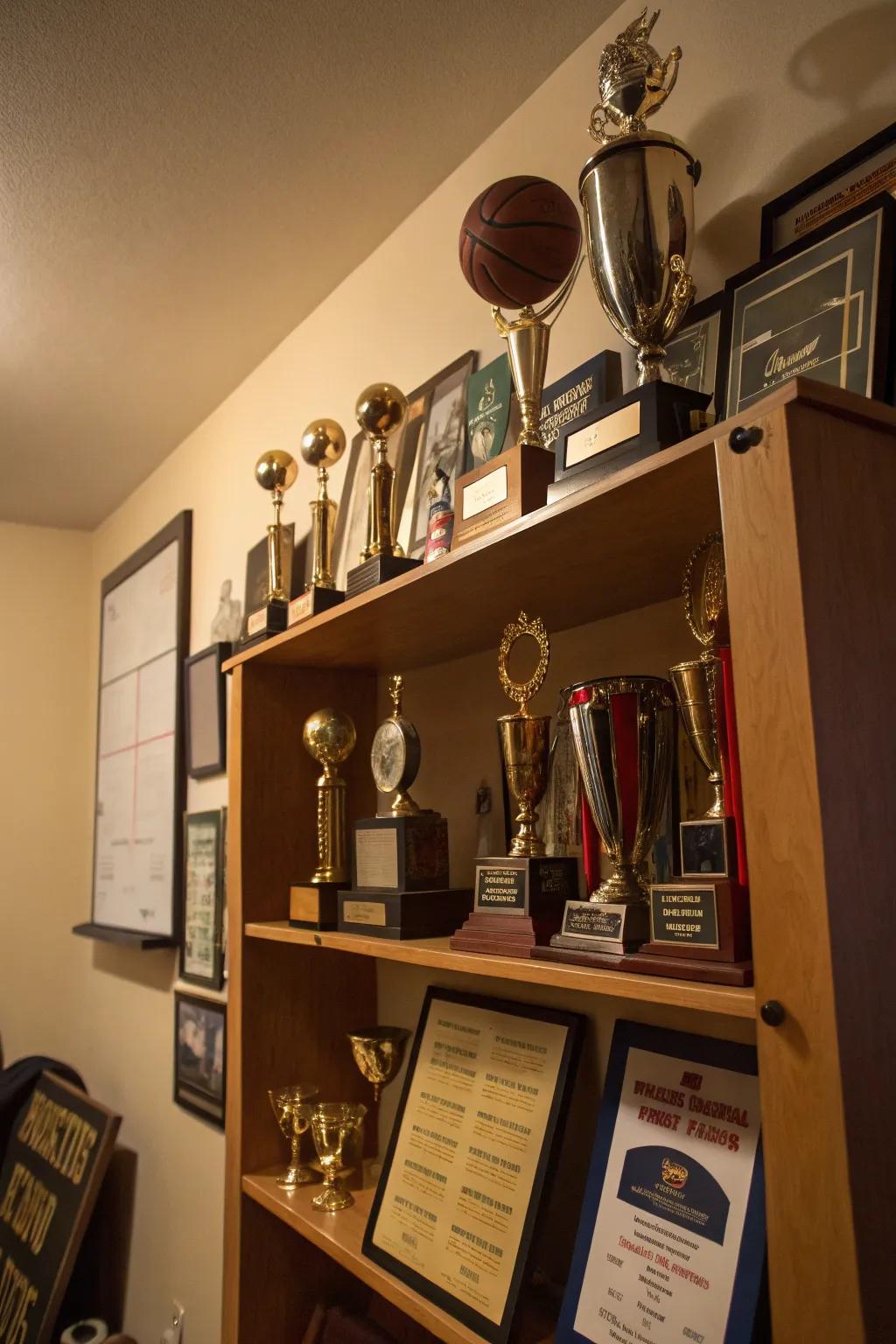 A trophy display underscores personal victories.